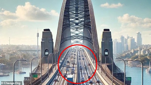 Pictured is a rendering of what a movable 'road zipper' system would look like on the Sydney Harbor Bridge. The petitioners say yes