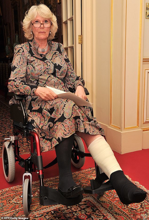 Camilla is left with her broken leg in a cast while in a wheelchair while attending an event at Clarence House in April 2010