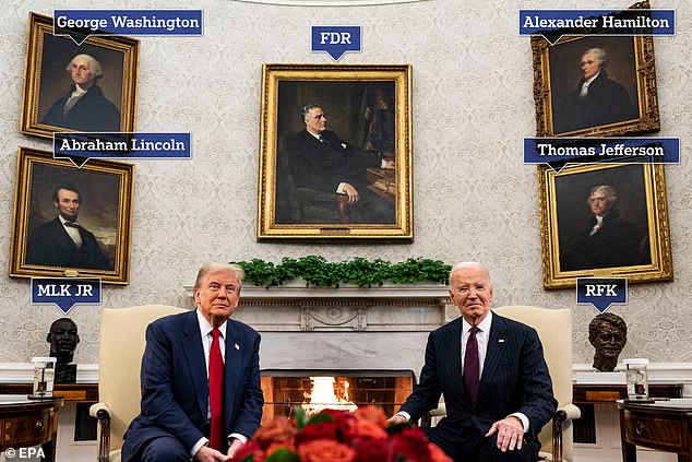 Trump and Biden sat in front of the current president's favorite paintings of predecessors and busts of civil rights leaders