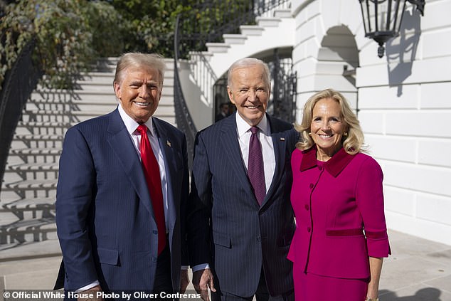 President Joe Biden and First Lady Jill Biden greet President-elect Donald Trump as he arrives at the White House