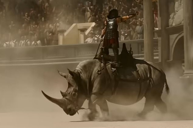 There is no evidence of men riding rhinos in the Colosseum, even though such a scene occurs in Gladiator II