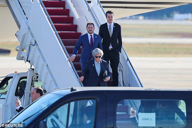 Matt Gaetz flew aboard 'Trump Force One' on Wednesday. He is seen here disembarking with Trump Chief of Staff Suzie Wiles and Taylor Budowich, Deputy Chief of Staff