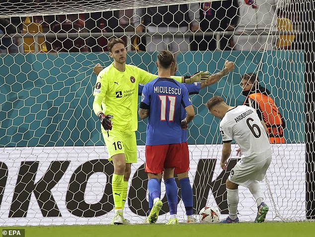 FC Midtjylland goalkeeper Elias Rafn Olafsson (left) regretted a huge mistake in Thursday's Europa League match against FCSB