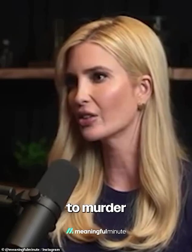 Ivanka Trump has given her haters a cryptic message as she claimed speaking ill of others is 'the equivalent of murder' and would never 'wave back'