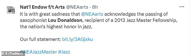 The National Endowment for the Arts released a statement acknowledging Donaldson's death