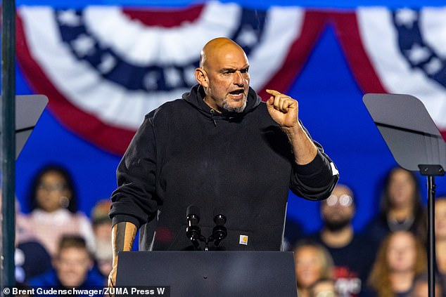 Senator John Fetterman speaks during Vice President Kamala Harris' rally at Carrie Blast Furnaces National Historic Landmark in Pittsburgh, Pennsylvania. He posted on X that Green Party voters are 'dips***s'