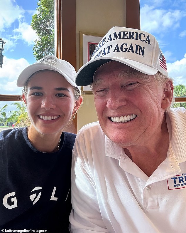 Donald Trump's eldest granddaughter Kai, left, could be seen beaming after taking on her grandfather during a round of golf at Trump International Golf Club in West Palm Beach, Florida