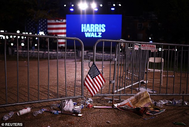 A flag is left at Kamala Harris' election party on Tuesday as she headed to defeat