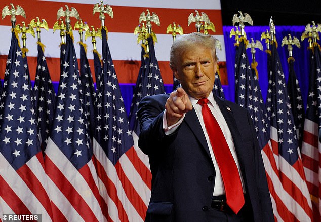 Republican presidential candidate and former U.S. President Donald Trump takes the stage to address supporters during his rally at the Palm Beach County Convention Center in West Palm Beach, Florida, U.S., November 6, 2024