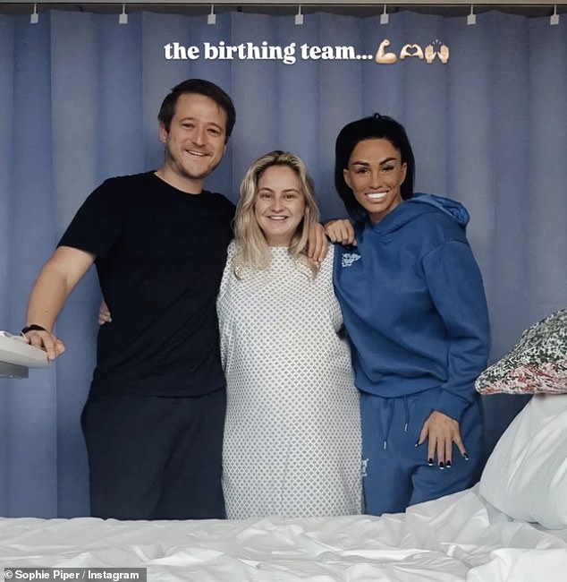 Katie Price (right) joined her sister Sophie's 'birth team' as she welcomed her second child on Friday