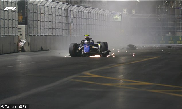 Williams Racing driver Franco Colapinto skids to a stop after a wreck in Las Vegas