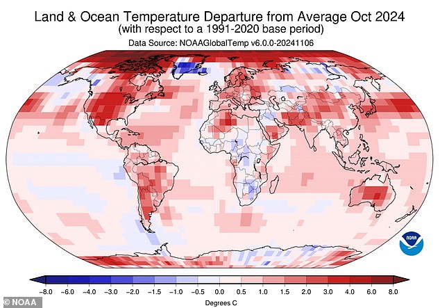 The global surface temperature of October 2024 was 2.38 °F (1.32 °C) above the 20th century average of 57.2 °F (14.0 °C), making it the second warmest October on record