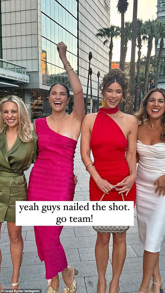 Laura Byrne (middle left) had a major fashion accident at the Australian Podcast Awards. Wearing a bright pink off-the-shoulder ruffled dress, Laura raised her fist in the air as she and Brittany Hockley (center right) celebrated being finalists for two awards that night.