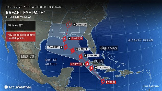 Rafael is expected to be updated to a Category 2 hurricane when it reaches Cuba on Wednesday, bringing up to 10 inches of rain in some areas