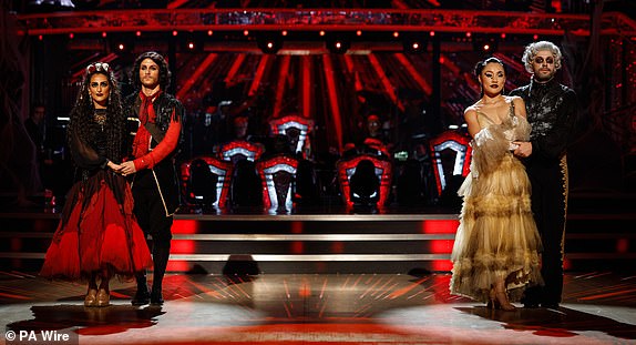 EMBARGOED UNTIL SUNDAY OCTOBER 27 9:00 PM For use in Great Britain, Ireland or Benelux only. BBC handout photo of (left-right) Dr. Punam Krishan, Gorka Marquez, Nancy Xu and Shayne Ward. after dr. Punam Krishan became the fifth celebrity to be eliminated from Strictly Come Dancing 2024. Release date: Sunday, October 27, 2024. See PA story SHOWBIZ Strictly. Photo credit should read: Guy Levy/BBC/PA Wire. EDITOR'S NOTE: Not for use more than 21 days after release. You may use this photograph free of charge only for the purpose of publishing or reporting on current BBC programmes, staff or other BBC output or activities within 21 days of issue. Any use after that time MUST be approved through BBC Picture Publicity. Please pass the image on to the BBC and any credited photographer or independent program maker as described in the caption.