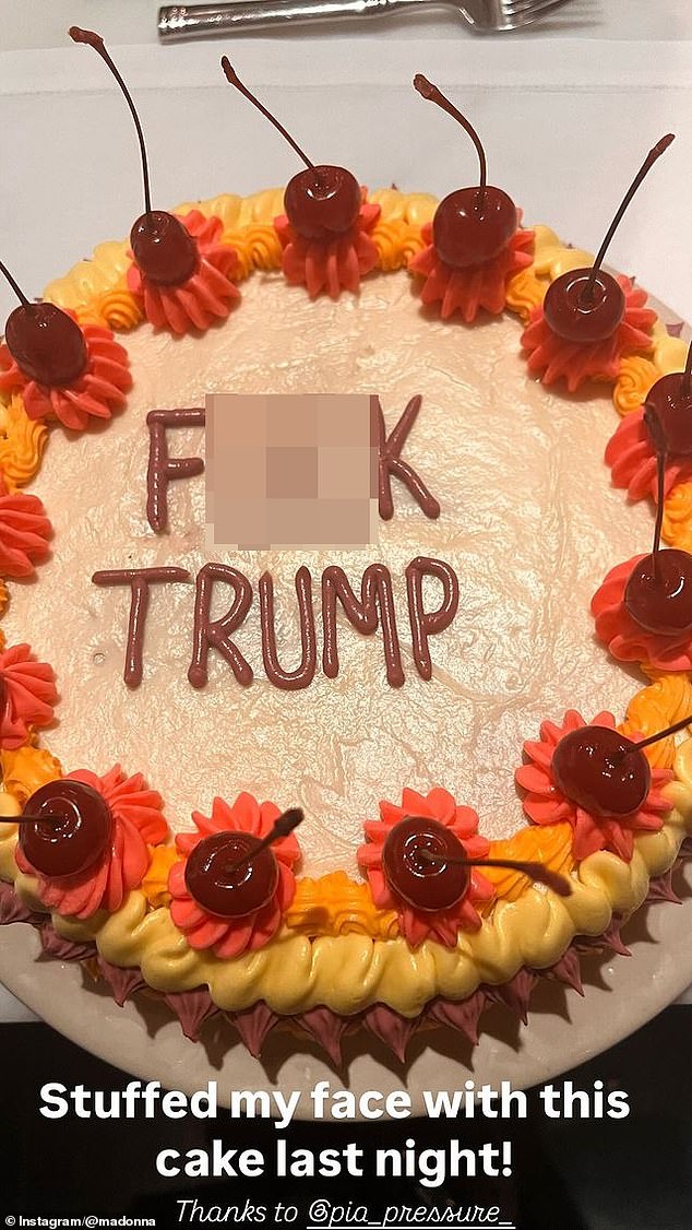 Madonna 'stuffed' her face with a 'F*** TRUMP' cake on Wednesday following the shocking US presidential election results