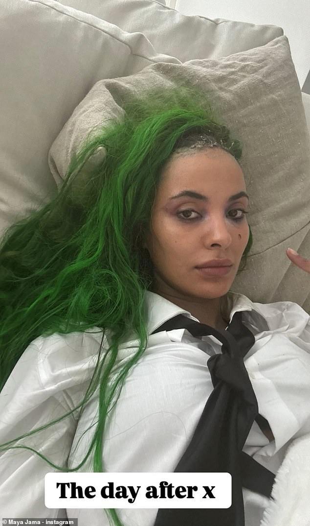 Maya Jama posed for an Instagram selfie with smudged makeup and still in her green wig as she shared the reality of her Beetlejuice costume the 'day after' her annual Halloween party