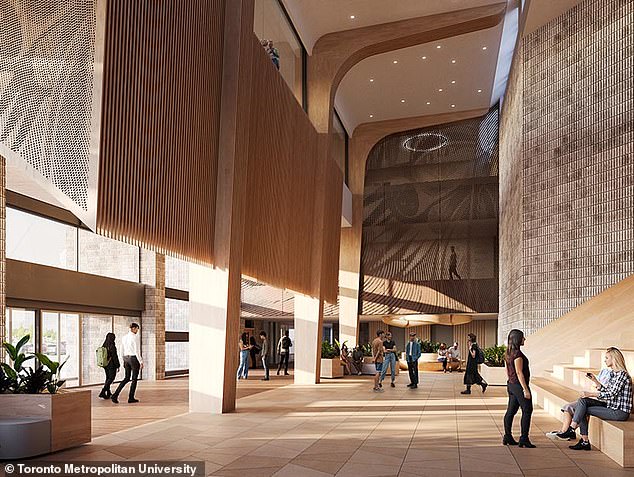 This photo shows a view of a public gathering area at the main entrance of Toronto Metropolitan University's new medical school