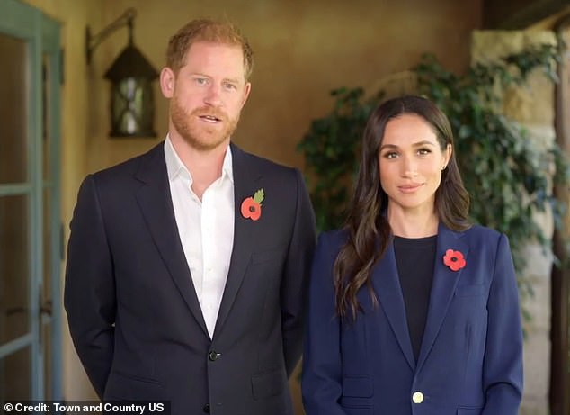 Meghan (pictured, right) once again wore the $3,290 Ralph Lauren blazer Parker Wool Crepe Jacket, which she previously wore while pregnant with Archie, in a video message released by the Sussexes on Thursday