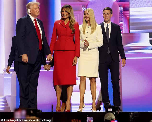 Ivanka Trump hasn't been seen much on her father's campaign trail this year, seen here with her husband, Jared Kushner, and stepmother Melania, at the 2024 Republican National Convention