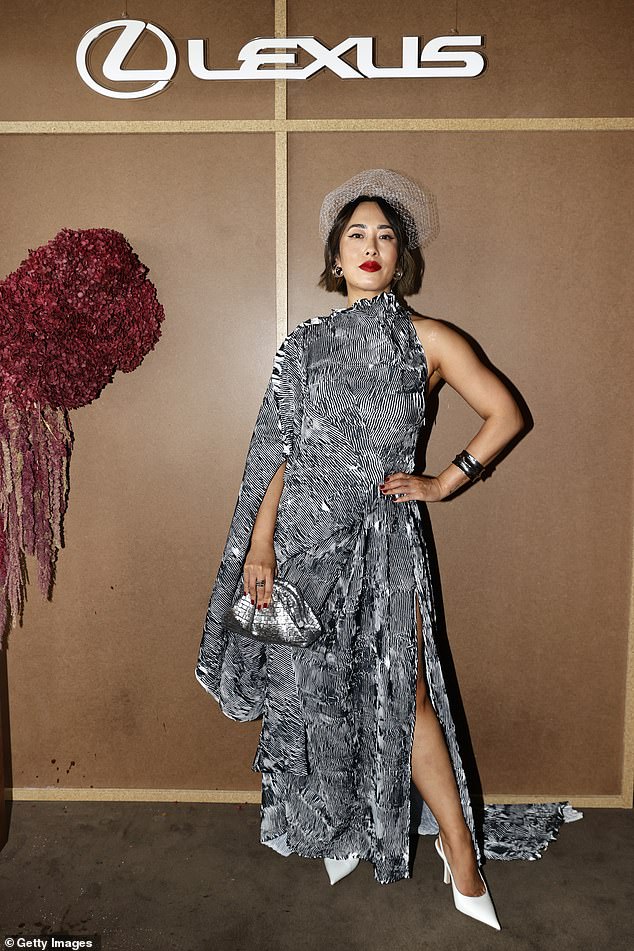 Melissa Leong (pictured) made people do a double take on Saturday as she showcased her unique sense of style on Derby Day at Melbourne's Flemington Racecourse