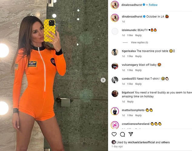 The cricketer posted a love heart under a selfie of Dina flaunting her incredible figure in a sassy orange NASA astronaut costume