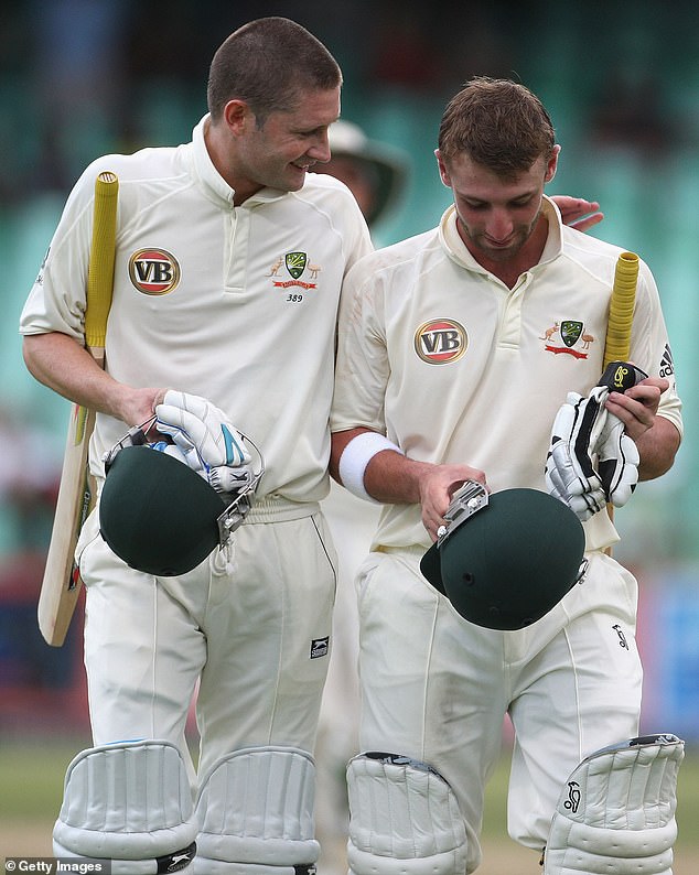 Clarke (left) and Hughes (right) were exceptionally close before the batsman's death devastated the cricket world in November 2014.