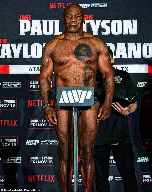 Mike Tyson showed off his ripped physique at Thursday's weigh-in for his Jake Paul fight