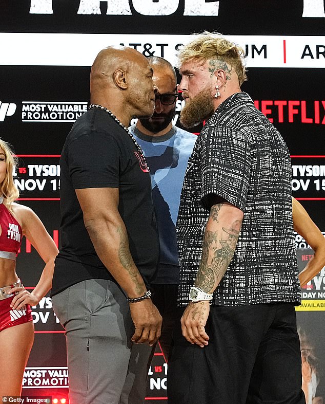 58-year-old Mike Tyson (left) will fight Jake Paul, 27, on Friday night in Arlington, Texas