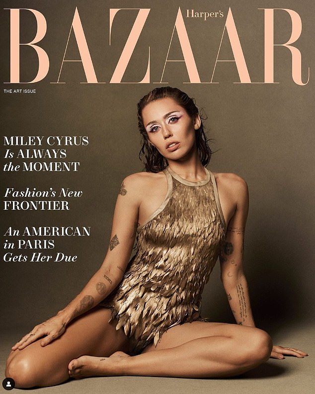 Miley Cyrus wore a glittering gold mini dress for the December/January cover of Harper's Bazaar magazine. The superstar has released a new album as she told the publication that her influences were Joni Mitchell and Madonna