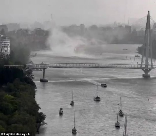 The gust, a small twister different from that of a tornado, was spotted on the Brisbane River at Kangaroo Point on Friday afternoon amid dangerous winds and heavy rain.