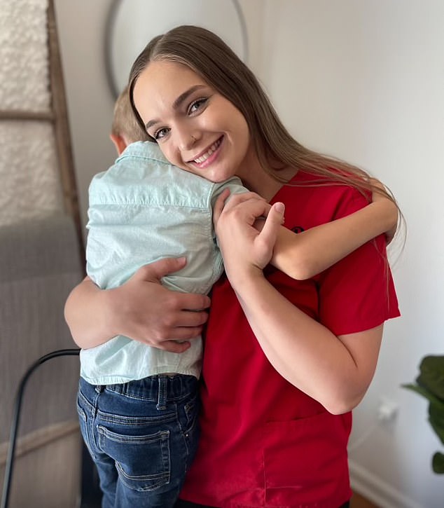 Kailee Woods, 27, is pictured with her young son as she graduates from nursing school. Before the terrifying attack, she worked as a home care aide