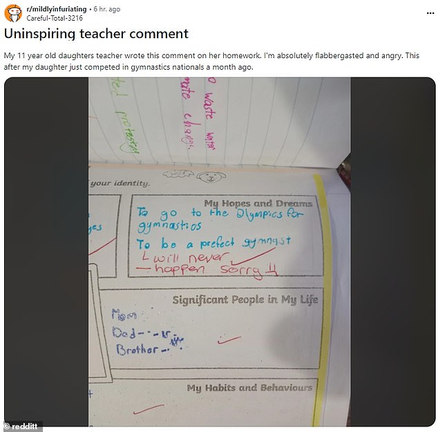 A mother is furious after finding an inappropriate comment left by a teacher about her daughter's homework