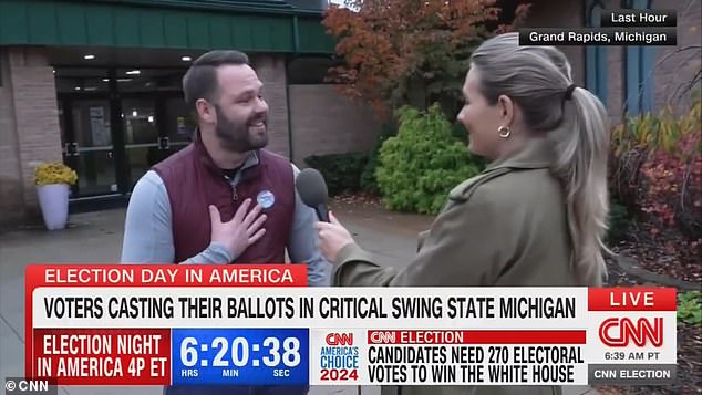 Jason Faasse was interviewed by CNN on Tuesday as he left his polling place in Grand Rapids. The father burst into tears when he said he voted for Kamala Harris