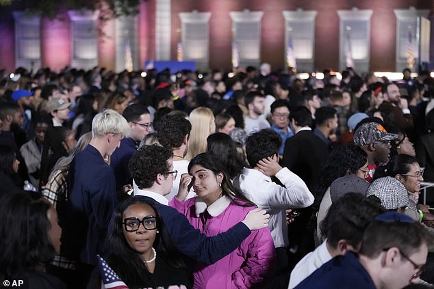 Trump won a landslide victory, becoming the first president in more than 130 years – and only the second in history – to win a non-consecutive second term. Harris party at her alma mater pictured above