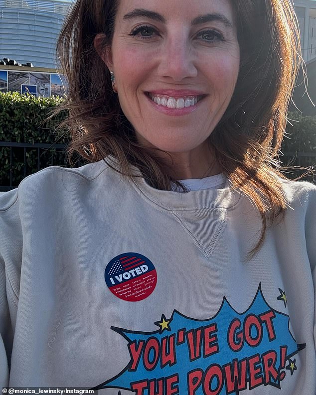 Monika Lewinsky urged supporters to vote for Kamala Harris with a smiling selfie while wearing an 'I Voted' sticker as the presidential race entered its final stretch