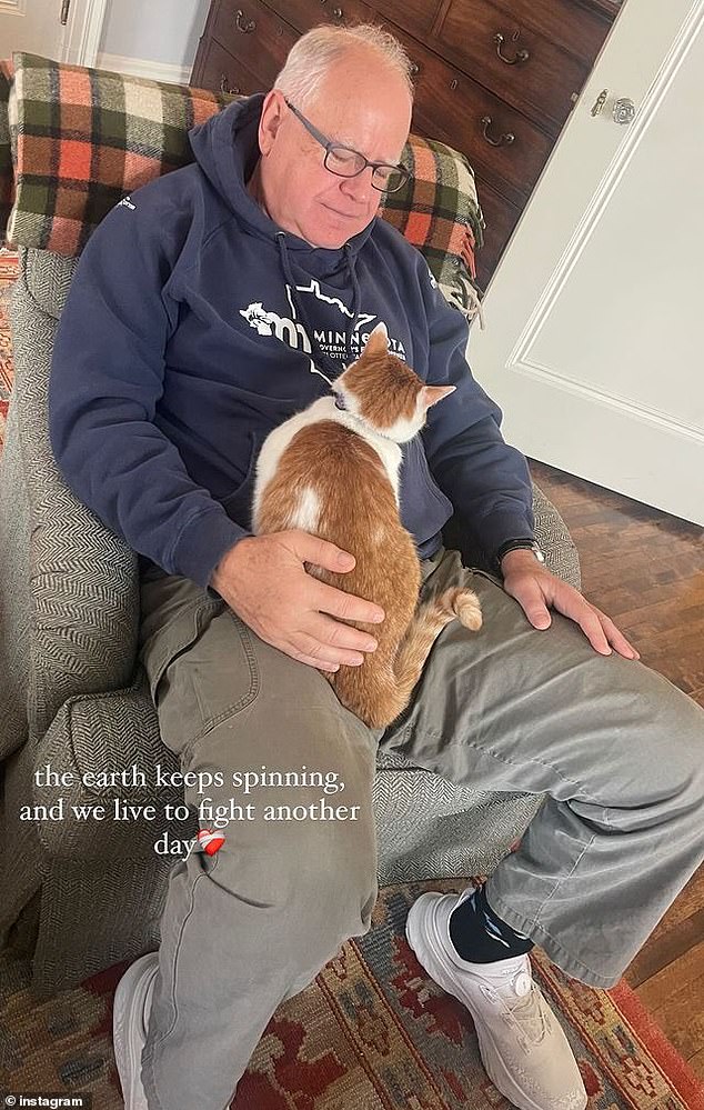 Tim Walz was spotted lounging with his cat on his lap after losing the vice presidency