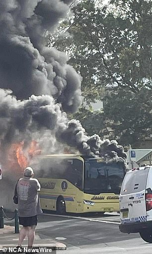 The bus caught fire near Kiama on the NSW south coast just before 9am on Thursday