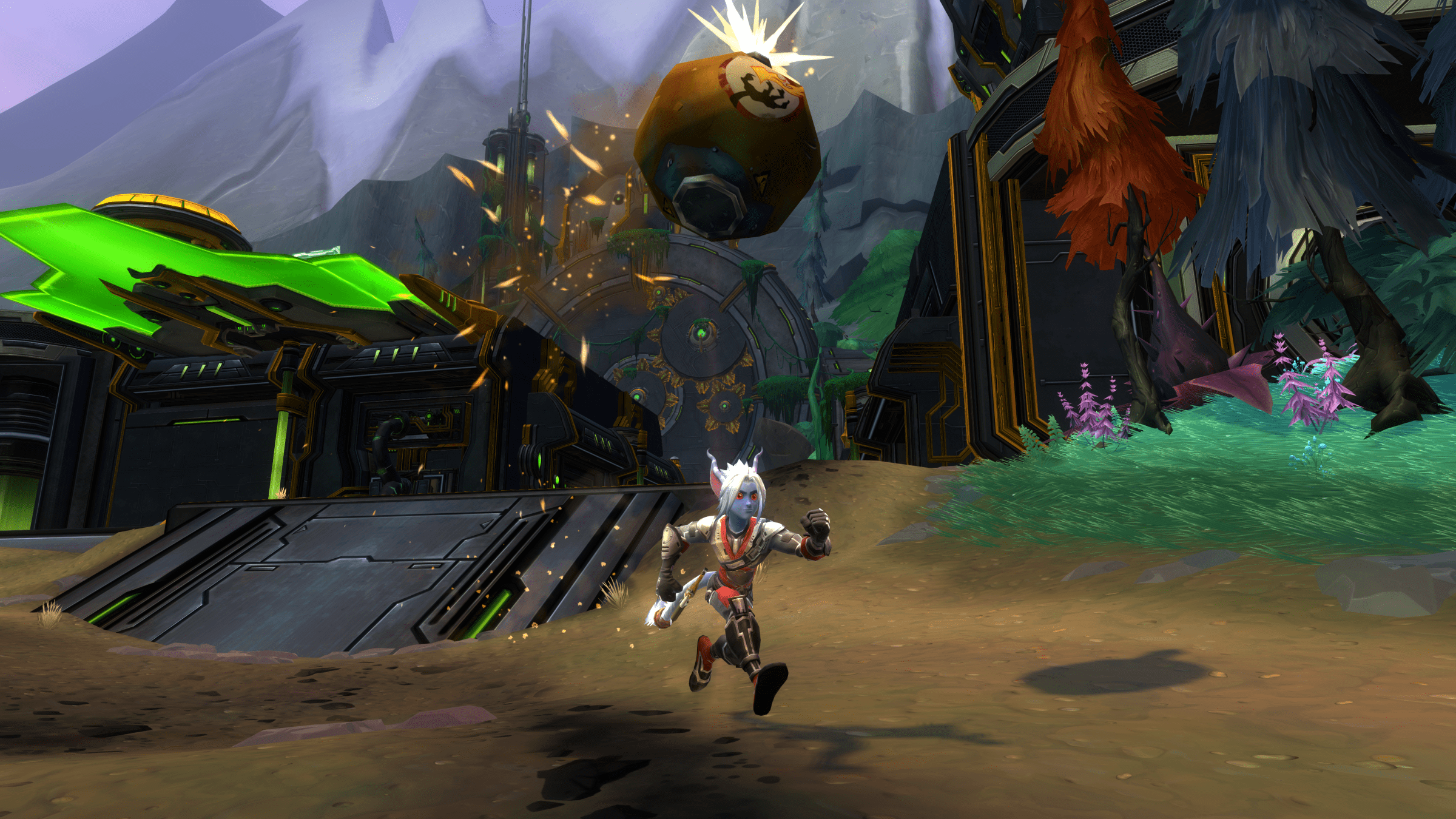 A screenshot from WildStar showing a blue elf running through a colorful environment