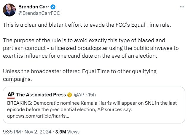 Brendan Carr, the top Republican commissioner at the FCC, called the vice president's appearance on Saturday Night Live a 