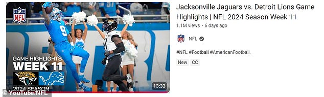 Williams' celebration is the thumbnail of the NFL's official YouTube highlights