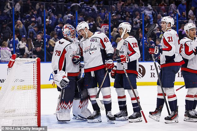 Lindgren, Tom Wilson #43 and the Washington Capitals celebrate the win against the Lightning