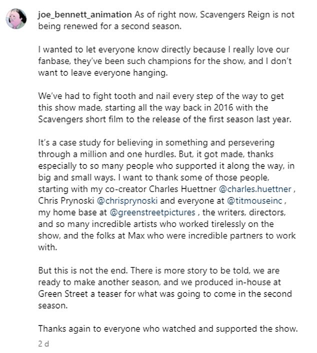 He wrote: 'We've had to fight tooth and nail every step of the way to get this show made, starting in 2016 with the short film Scavengers to the release of the first season last year'