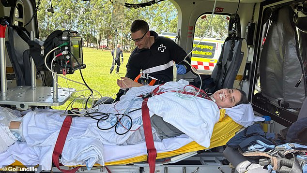 The 33-year-old was pictured moments before she was flown to John Hunter Hospital in Newcastle, where she underwent emergency surgery.