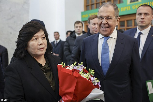 In this photo released by the press service of the Russian Foreign Ministry on Friday, November 1, 2024, Russian Foreign Minister Sergey Lavrov (right) and North Korean Foreign Minister Choe Son Hui attend an unveiling ceremony of the plaque on the occasion of Kim Il Sung's visit to USSR in 1949