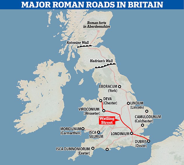 The Roman road known as Watling Street ran from Dover, through London and up to the Roman town of Viroconium (now Wroxeter near Shrewsbury) to the fortress of Deva (now Chester)