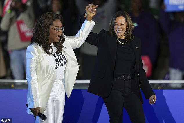 Oprah Winfrey (left) issued the most dire warning about former President Donald Trump's re-election Monday evening at the final rally of 2024 in support of Vice President Kamala Harris at the 'Rocky Steps' in front of the Museum of Art in Philadelphia