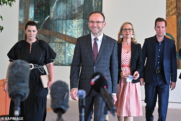 Adam Bandt (centre) declared on Thursday that 'pressure from the Greens is working' - and he's right