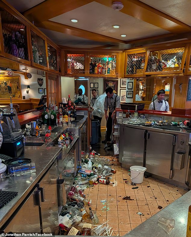 Broken glass bottles could be seen everywhere in the ship's restaurant bar