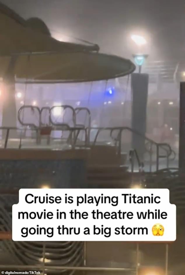 Passengers on a Royal Caribbean cruise experienced more drama than they expected when the Titanic theme song blared from the speakers as the ship encountered a storm and fled.